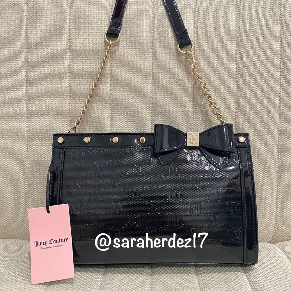 NEW Juicy Couture Black Patent Monogram Bow Crossbody Bag Gold Chain